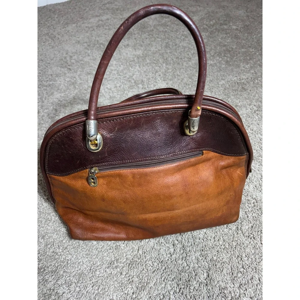 Marino Orlandi Brown Two Tone Leather Satchel Handbag Made in Italy Vintage